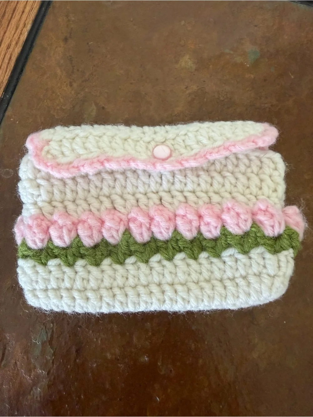 Handmade Crochet Coin Purse- Cream with Pink & Green Accents